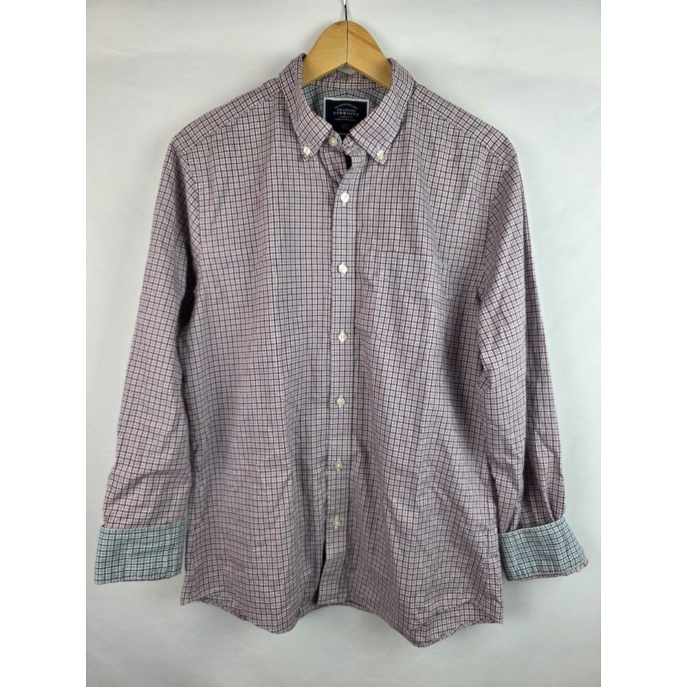 Charles Tyrwhitt Men's Shirt Size Med Red Plaid Long Sleeve Button Down Slim Fit